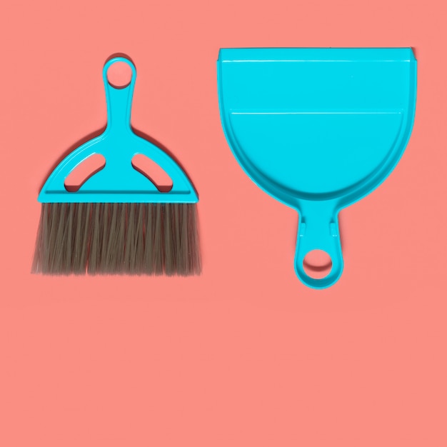 A pale blue dustpan and brush lying on living coral 