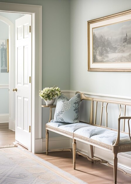 Pale blue hallway decor interior design and house improvement welcoming entryway furniture stairway and entrance hall home decor in an English country house generative ai