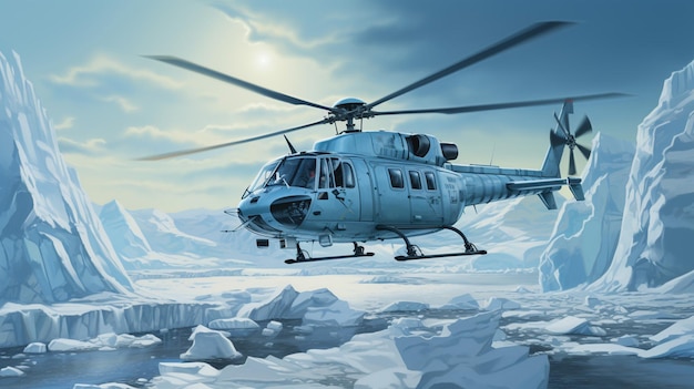 A pale blue ice themed helicopter conducting a polar