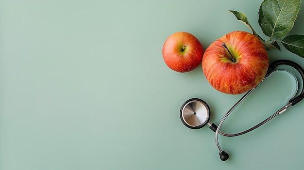 Photo a pale green backdrop features a stethoscope and a green apple with a vacant space generative ai
