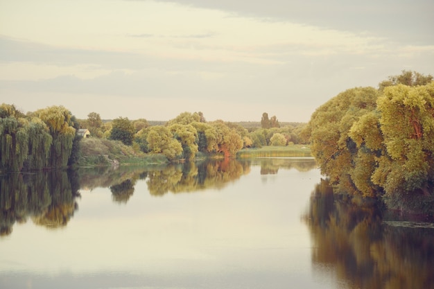 Pale landscape river trees in water with reflection European