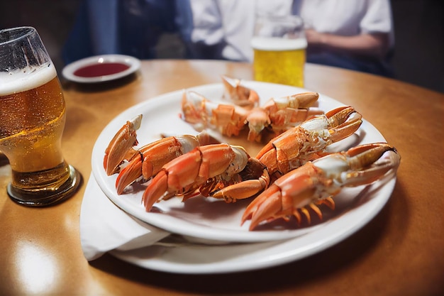 Pale pink crab legs on plate served with drinks