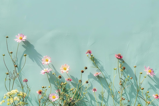 Pale pink flowers casting delicate shadows on a soft blue background