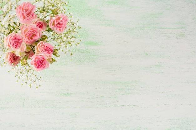 Pale pink roses and white flowers on light green background