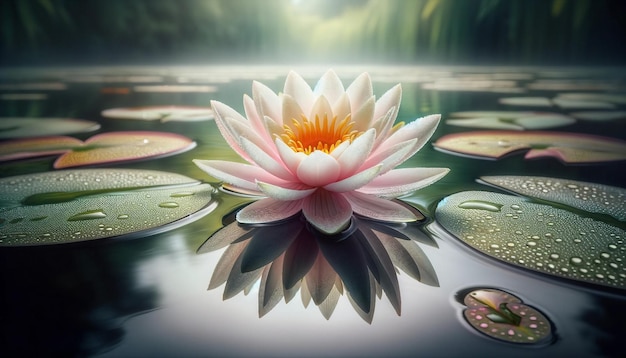 Pale Pink Water Lily Tranquil Pond Reflection Serene Light