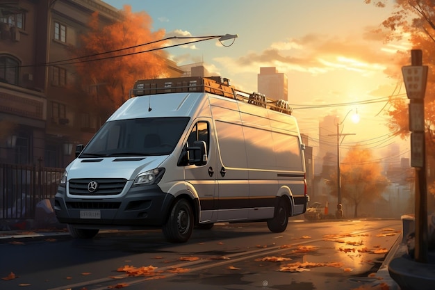 Pale White Delivery Van on City Street Generative AI