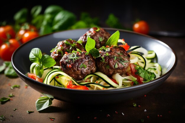 Photo paleo beef meatballs with zoodles