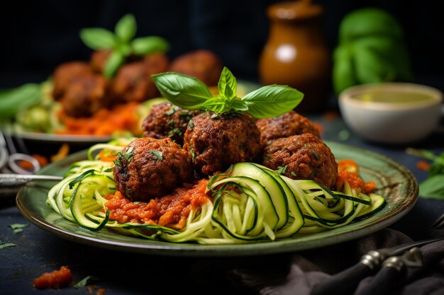 Photo paleo beef meatballs with zoodles