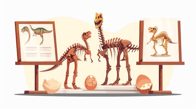 Paleontologie tentoonstelling toont dinosaurus skelet gerecreëerd dier gebroken ei op stand Cartoon moderne illustratie collectie van dino botten en artefacten in paleontologie expositie