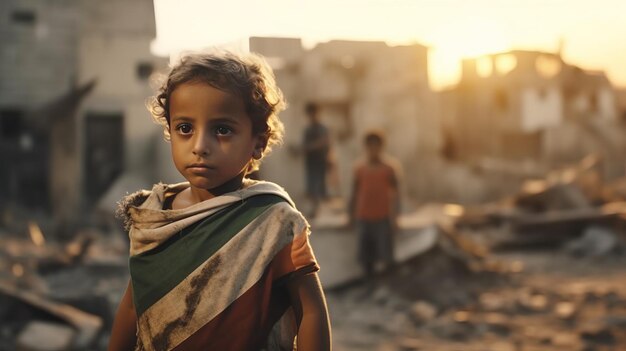 Palestijnse kinderen die de Palestijnse vlag vasthouden Tussen de ruïnes van de oorlog