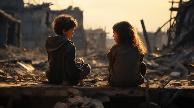 Palestijnse kinderen kijken naar de vernietiging van de gevolgen van de oorlogcrisis beschadigde gebouwen in de stad