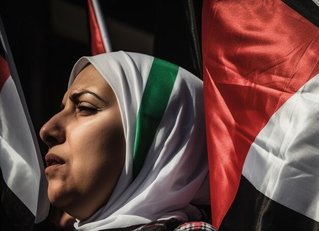 Foto palestijnse mannen en vrouwen marcheren in de straat om vrede te vragen