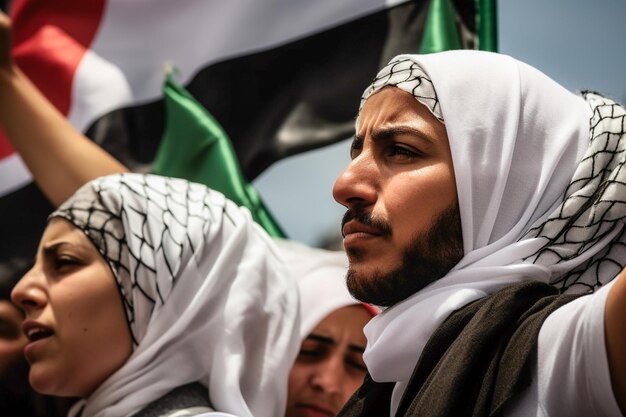 Foto palestijnse mannen en vrouwen marcheren in de straat om vrede te vragen