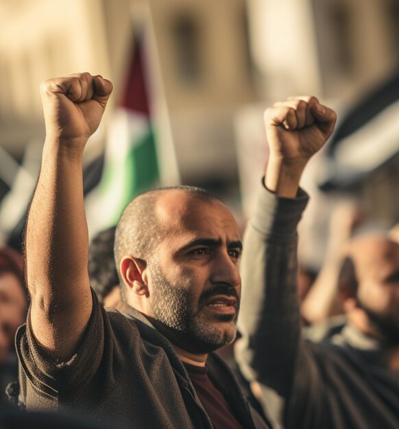 Foto palestijnse mannen en vrouwen marcheren in de straat om vrede te vragen