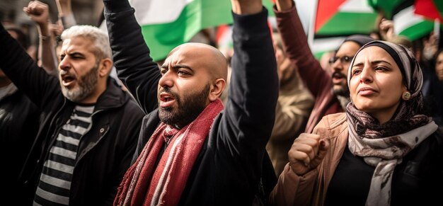 Palestijnse mannen en vrouwen marcheren in de straat om vrede te vragen