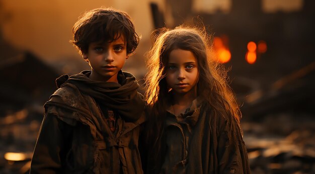 Photo palestine children look at the destruction of the effect war crisis damaged buildings in the city