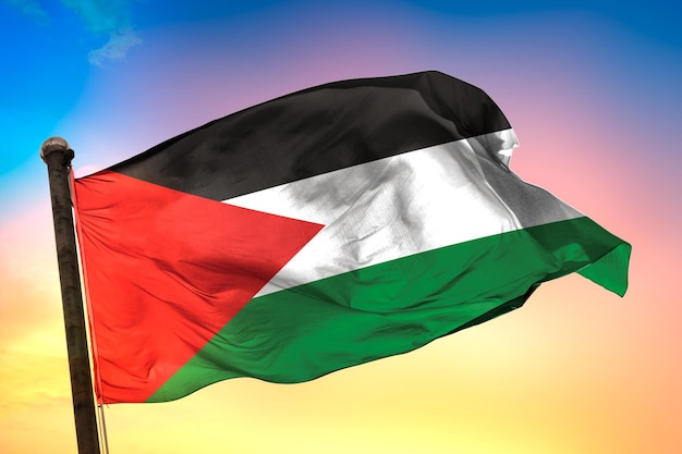 palestine country flag, 3d flag, and color background.