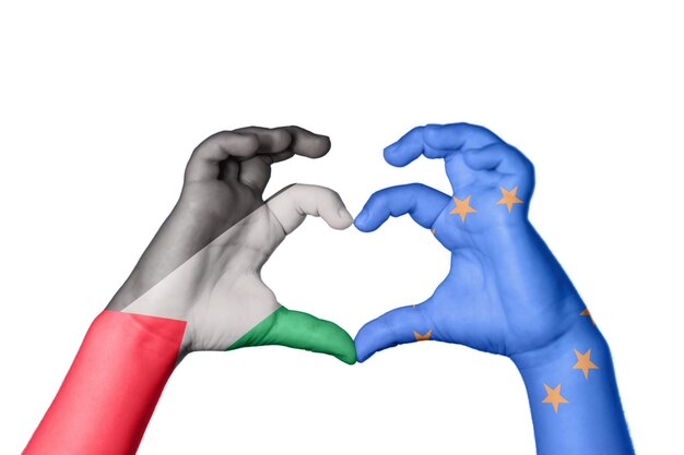 Foto palestina unione europea cuore gesto della mano che fa il percorso di ritaglio del cuore