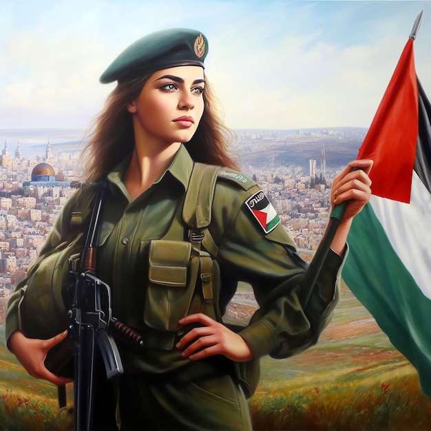 Foto città bandiera palestinese ragazza e uomo soldati