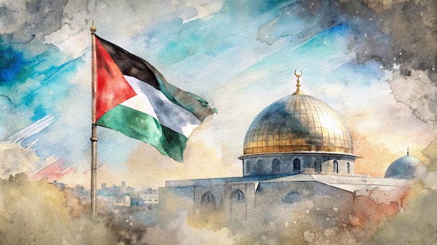 Photo palestine flag and dome of rock watercolor