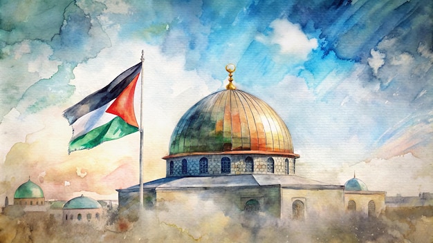 Foto bandiera della palestina e cupola di roccia acquerello