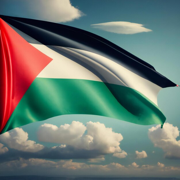 Photo palestine flag in the wind under cloudy sky