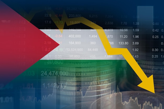 Foto bandiera della palestina con tecnologia digitale del grafico di tendenza dell'economia finanziaria del mercato azionario