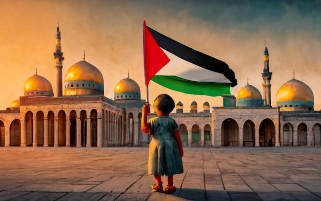 パレスチナの子供がマスジドの前でパレスチナの旗を掲げている