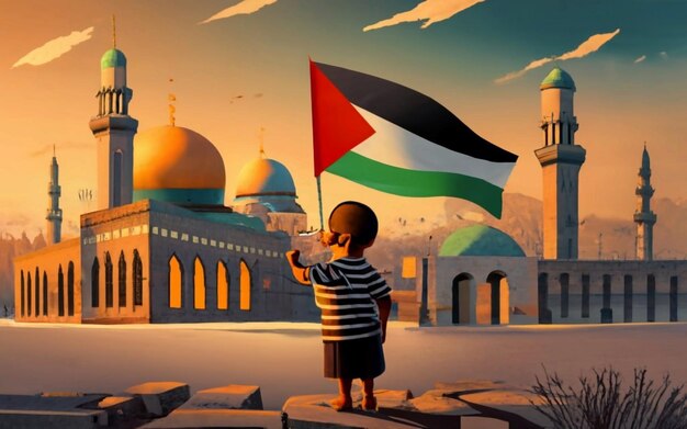 Palestine Kid Hodling Palestine Flag in front of Masjid