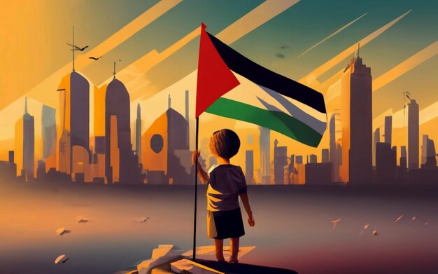 Palestine kid hodling palestine flag in front of masjid