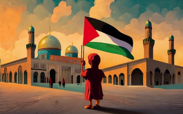 Palestine Kid Hodling Palestine Flag in front of Masjid