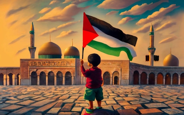 Palestine Kid Hodling Palestine Flag in front of Masjid