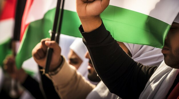 Foto uomini e donne palestinesi marciano per le strade chiedendo la pace