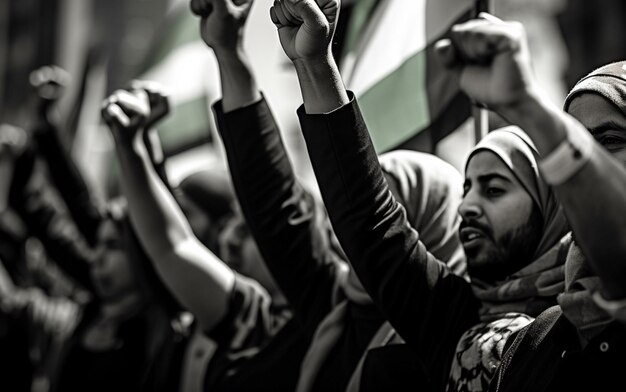 Foto uomini e donne palestinesi marciano per le strade chiedendo la pace