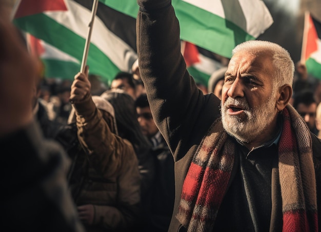 Foto uomini e donne palestinesi marciano per le strade chiedendo la pace