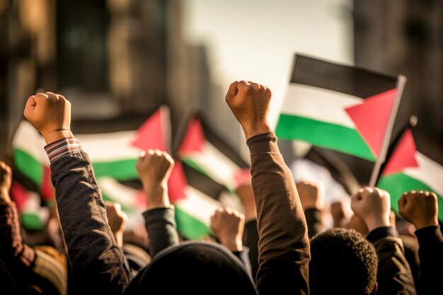 팔레스타인 남자 들 과 여자 들 이 평화 를 요구 하기 위해 거리 에서 행진 하고 있다