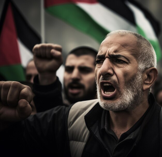 Foto uomini e donne palestinesi marciano per le strade chiedendo la pace