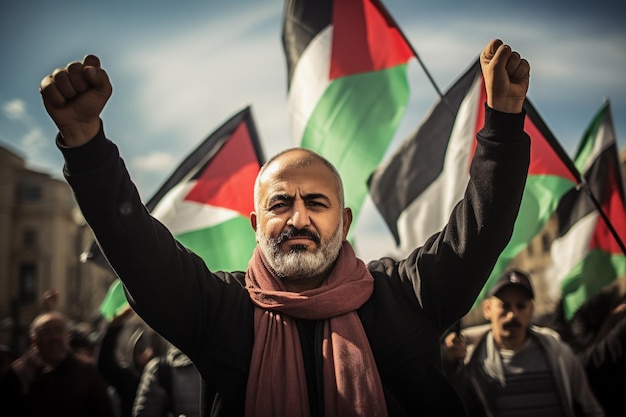 Foto uomini e donne palestinesi marciano per le strade chiedendo la pace