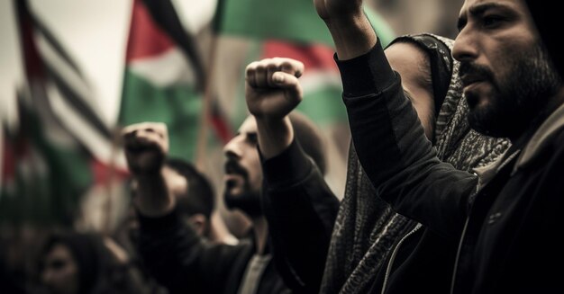 Photo palestine men and women marching on the street asking peace