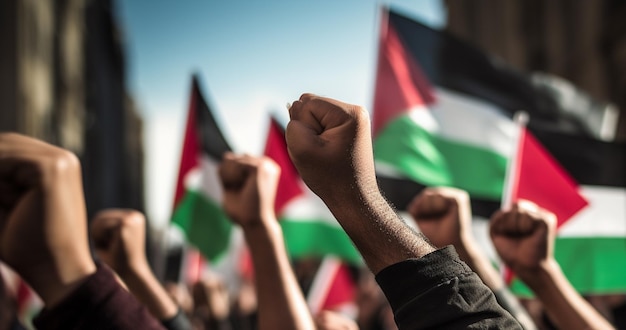 Palestine Men and Women Marching on the Street Asking Peace