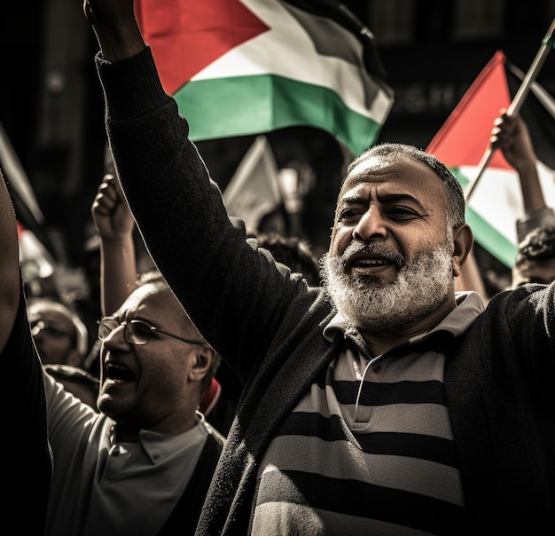 Foto uomini e donne palestinesi marciano per le strade chiedendo la pace