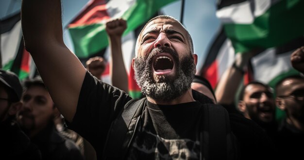 팔레스타인 남자 들 과 여자 들 이 평화 를 요구 하기 위해 거리 에서 행진 하고 있다