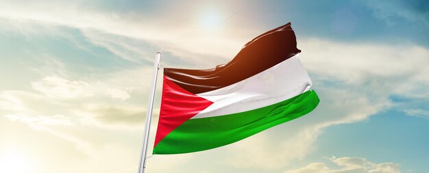 Palestine national flag waving in beautifulsky