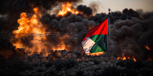 Piccola bandiera della palestina su uno sfondo scuro in fiamme