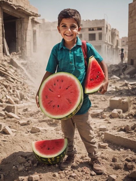 Photo a palestinian child carries a large watermelon as a form of resistance