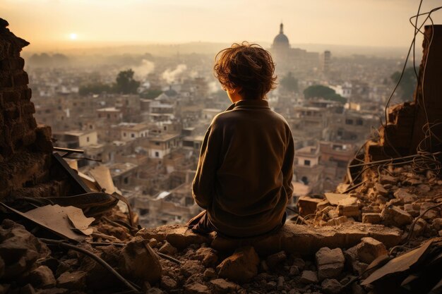 Palestinian child looking at Gaza after Israeli bombings