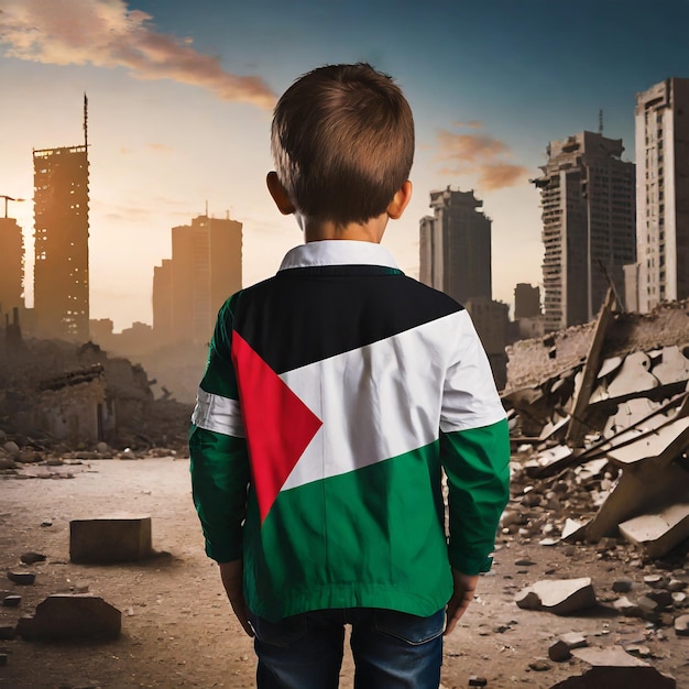 A palestinian Child standing in destroyed city after war Ai Generated