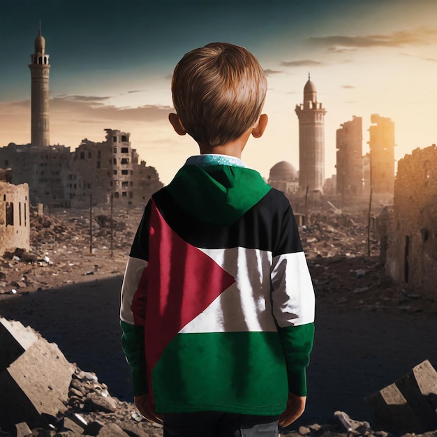 Палестинский ребенок, стоящий в разрушенном городе после войны Ai Generated