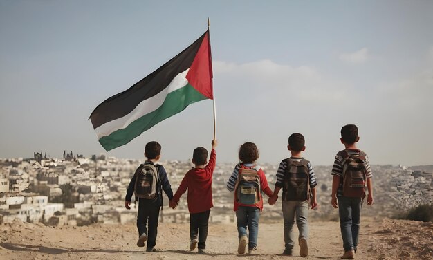 Foto bambini palestinesi con la bandiera della libertà protestano per il concetto dei loro diritti