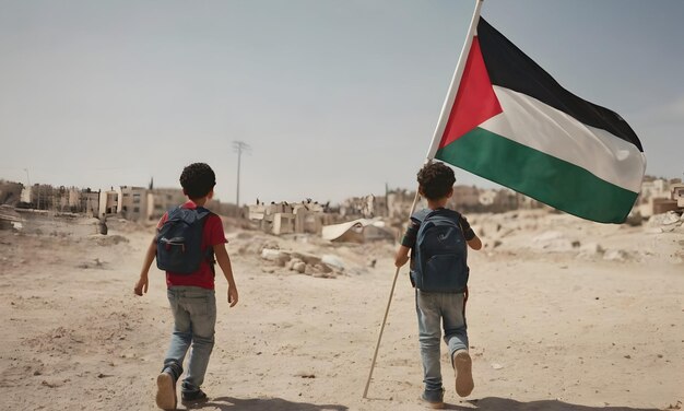 Photo palestinian children with flag freedom protest for their rights concept